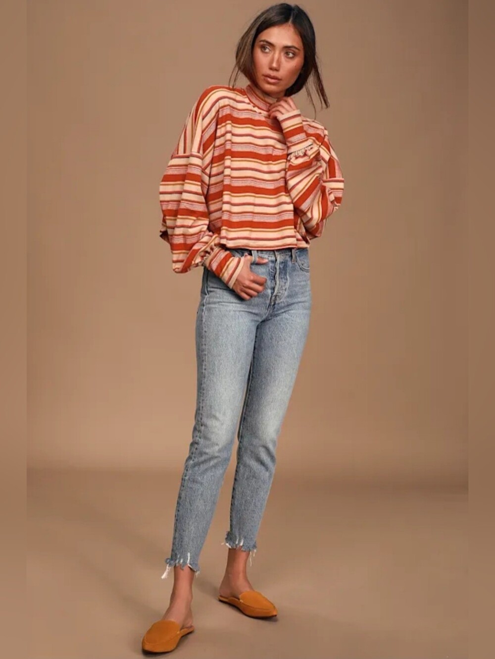 Free People | 'Steph' Coral Red Multi Striped Long Sleeve Tee, Size S - Picture 2 of 9